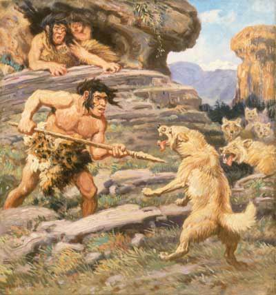 Neanderthal_Man_Defending_Family_Against_Wolves